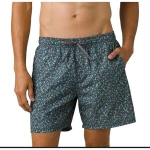 Mens prAna Bowie E-Waist Shorts Blue Floral Boardshorts Grey Blue Swim Size L